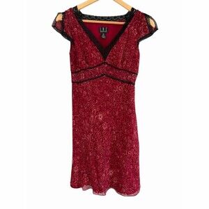 I.N.C. Dress Womens Petite 2P Red Floral Fit & Flare Knee Lace Trim Cap